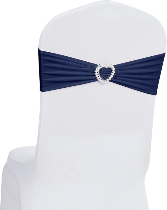 Howhic Pack of 120 Spandex Chair Sashes Bows Stretch Chair Cover Band with Buckle Slider Universal Elastic Chair Ties for Wedding Banquet Party Event Decoration (Navy)
