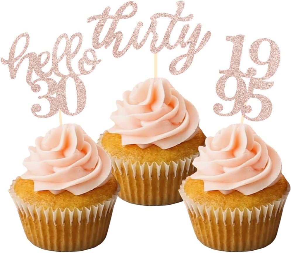 24 Pcs Rose Gold Glitter 30th Birthday Cupcake Toppers for 30th Anniversary Birthday Party Wedding Party Decorations