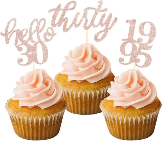 24 Pcs Rose Gold Glitter 30th Birthday Cupcake Toppers for 30th Anniversary Birthday Party Wedding Party Decorations