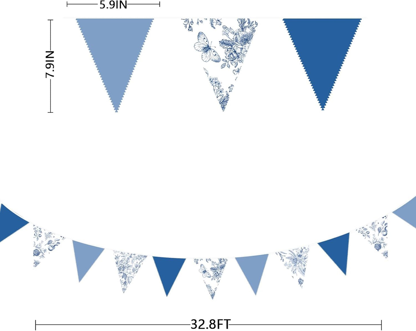 32Ft Blue Floral Party Decorations Vintage Blue White Flower Pennant Banner Fabric Triangle Flag Garland Streamers for Floral Wedding Porcelain Birthday Baby Bridal Shower Garden Tea Party Decor