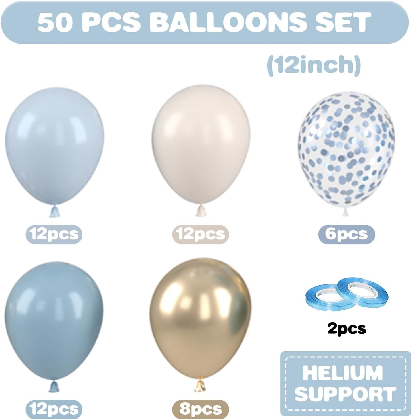 Dusty Blue and Gold Balloons, 12 Inch Blue Gold Balloons, Retro Fog Blue Metallic Golden White Confetti Balloons Latex Balloon for Wedding Baby Shower Gender Reveal Birthday Party Decoration