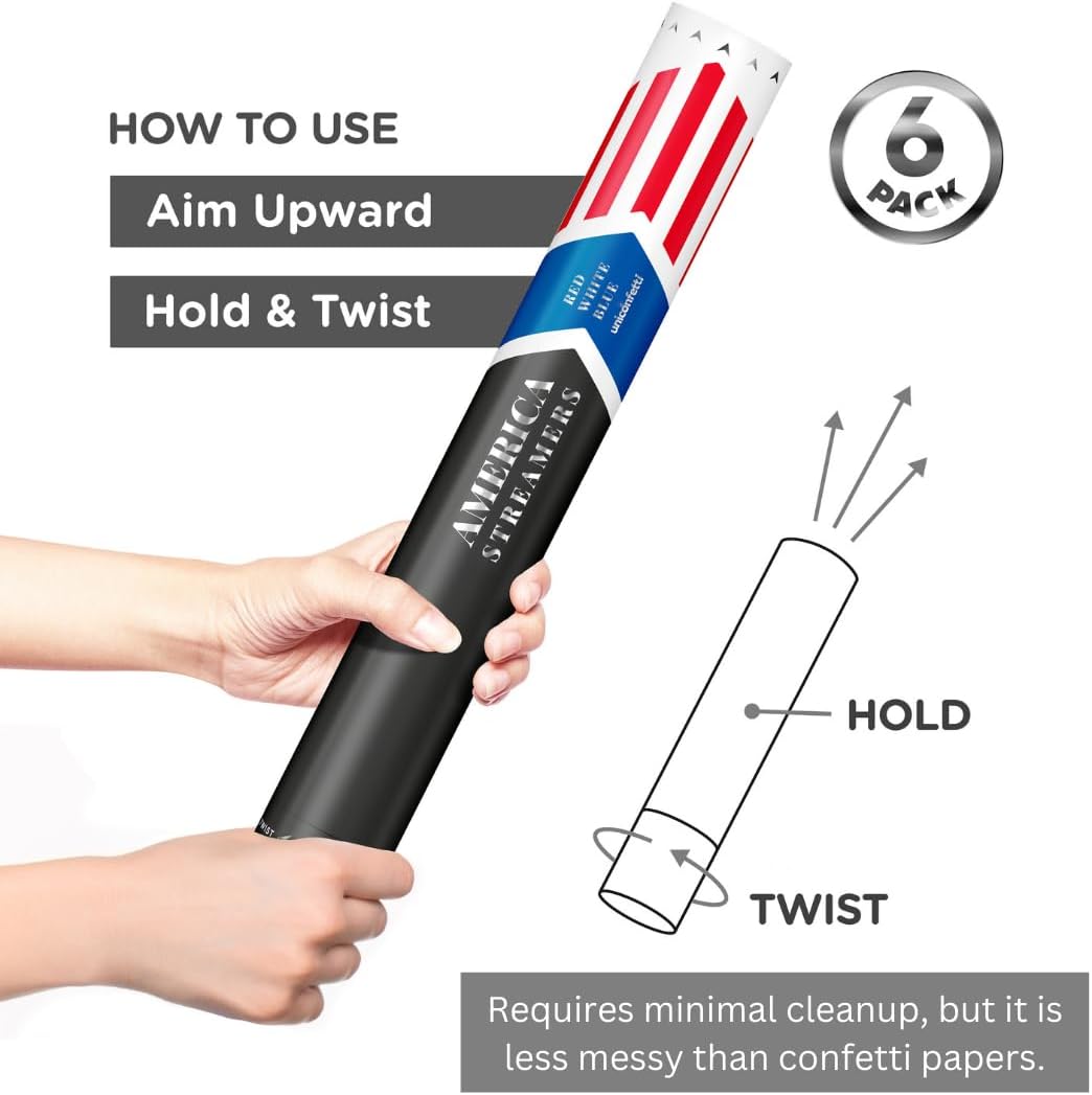 16" America Streamers Cannon [6 Pack] Red White & Blue Streamer Poppers No Mess, Biodegradable Streamer Paper, No Mess Confetti Poppers, Independence Day/July 4th, Conventions, Loud, Shoot Up to 40ft