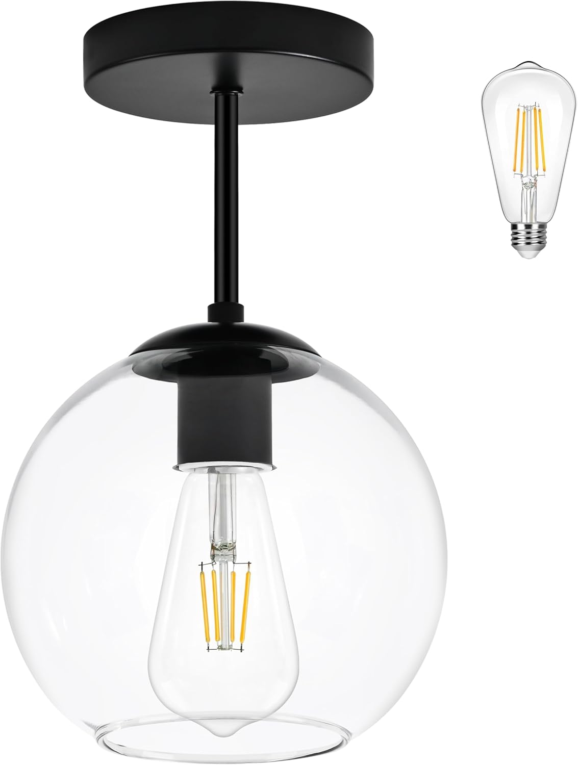 Black Semi Flush Mount Ceiling Light Fixture with Clear Glass Light Fixture Mid Century Light Fixtures Black Semi Flush Ceiling Light Fixtures for Dining Room Kitchen (Bulb Included)