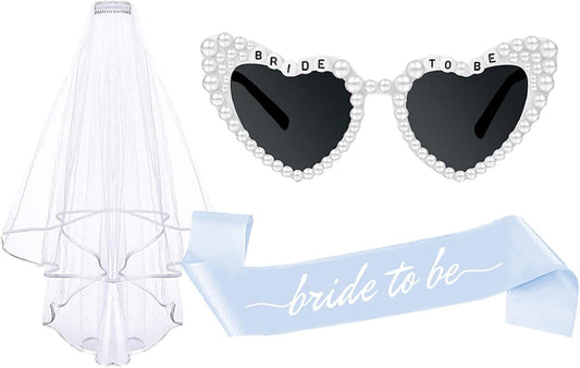 3PCS Blue Bride To Be Sash and Veils Bride to Be Heart Pearl Sunglasses for Bachelorette Bridal Shower Engagement Party Favors Accessories