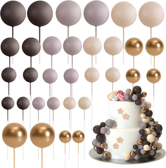 ASTARON 32 Pcs Ball Cake Topper Decorations Mini Balloons Cake Topper Sticks Foam Balls Cake Picks Cake Topper Balls Cake Decorations for Wedding Party Birthday Cake Decorating (Brown Gold)