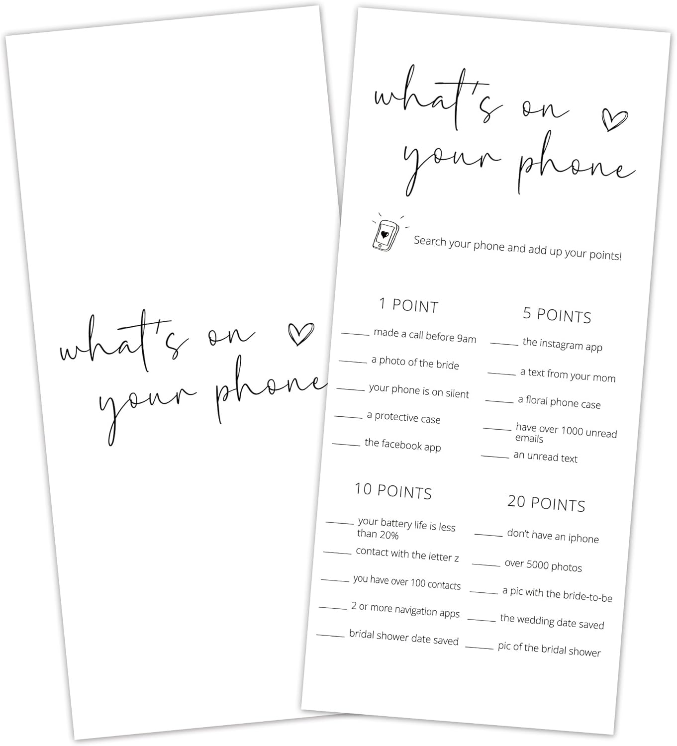 Bridal Shower Games, What's On Your Phone, 25Pcs 4x9inch Minimalist White Double-Sided Bridal Game Cards, Wedding Shower Games for Guests, Engagement Bachelorette Party Supplies - A17
