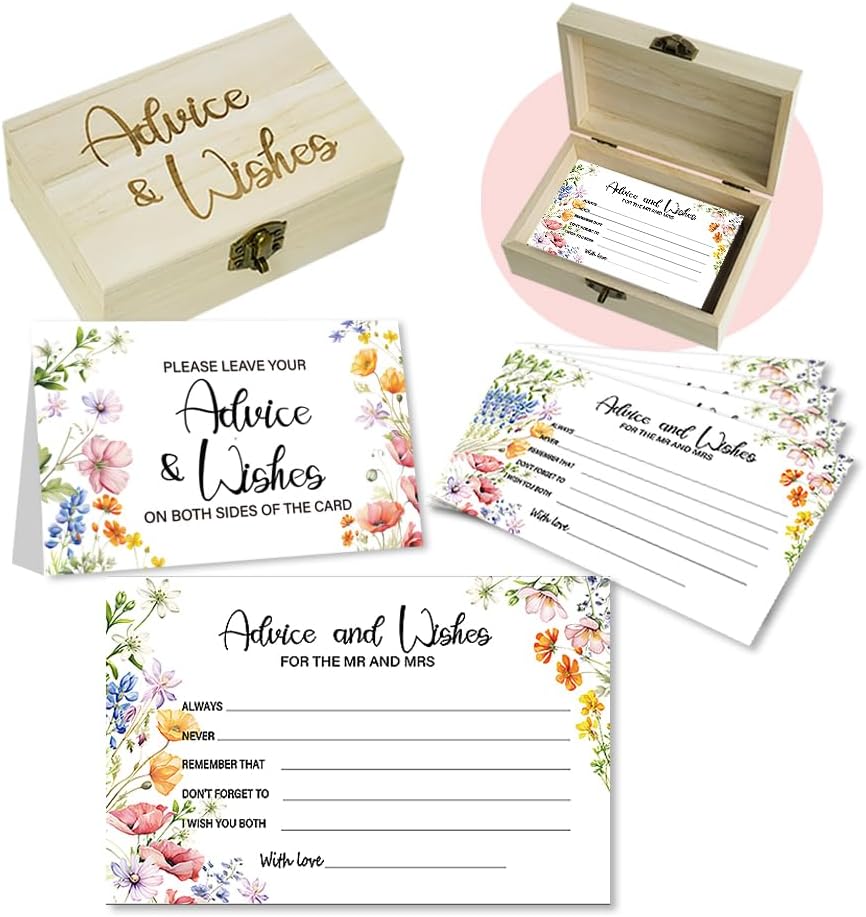 50Pcs Flower Wedding Advice Cards for Bridal Shower Games, Wildflower Advice and Wish Cards Box for The Mr And Mrs Bridal Shower Decorations