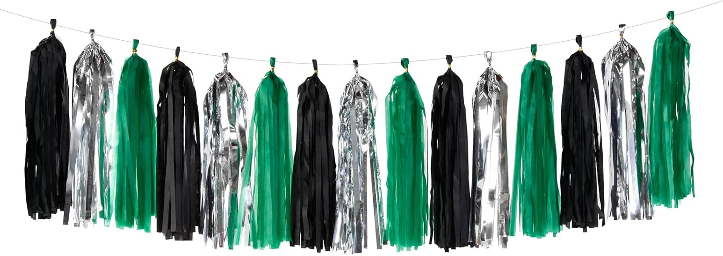 Black Green Silver Tassel Garland - 15pcs Soccer Party Supplies Tassels Graduation Backdrop Decorations Men Boys Birthday Spring Summer Jungle Theme Banner