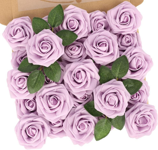 N&T NIETING Artificial Wedding Flowers 25 pcs Lilac Roses Fake Roses with Long Stems for Decortion Mother's Day Baby Shower Arrangements Bouquets