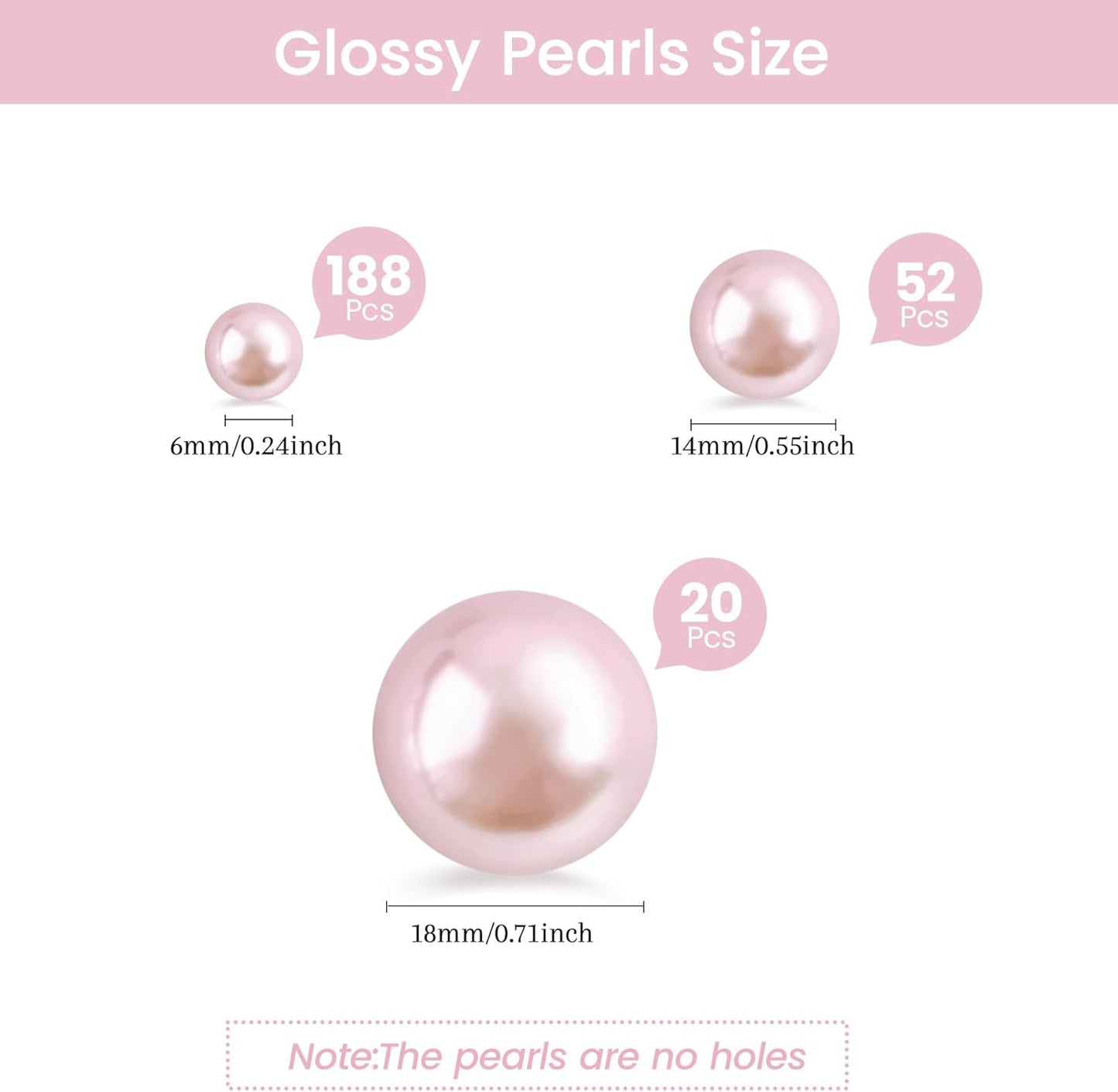 260Pcs Pink Glossy Beads for Centerpiece Decor, Artifical Pearls Vase Filler, Makeup Brush Beads, No Hole Round Pearl Beads for Wedding Birthday Christmas Party Home Decor(18mm 14mm 6mm)