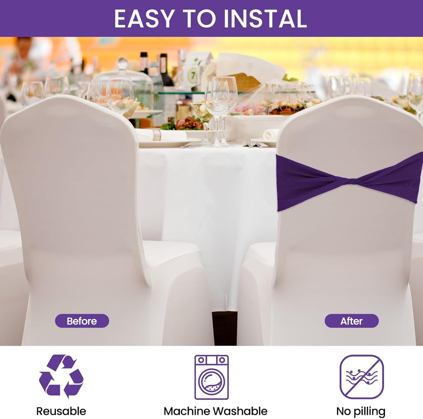 Kinlop 50 Pcs Spandex Chair Sashes Bows Chair Bands Slider Sashes for Covers Elastic Bands Ties Without Buckle Decorations for Wedding Party Events Ceremony Birthday(Purple)