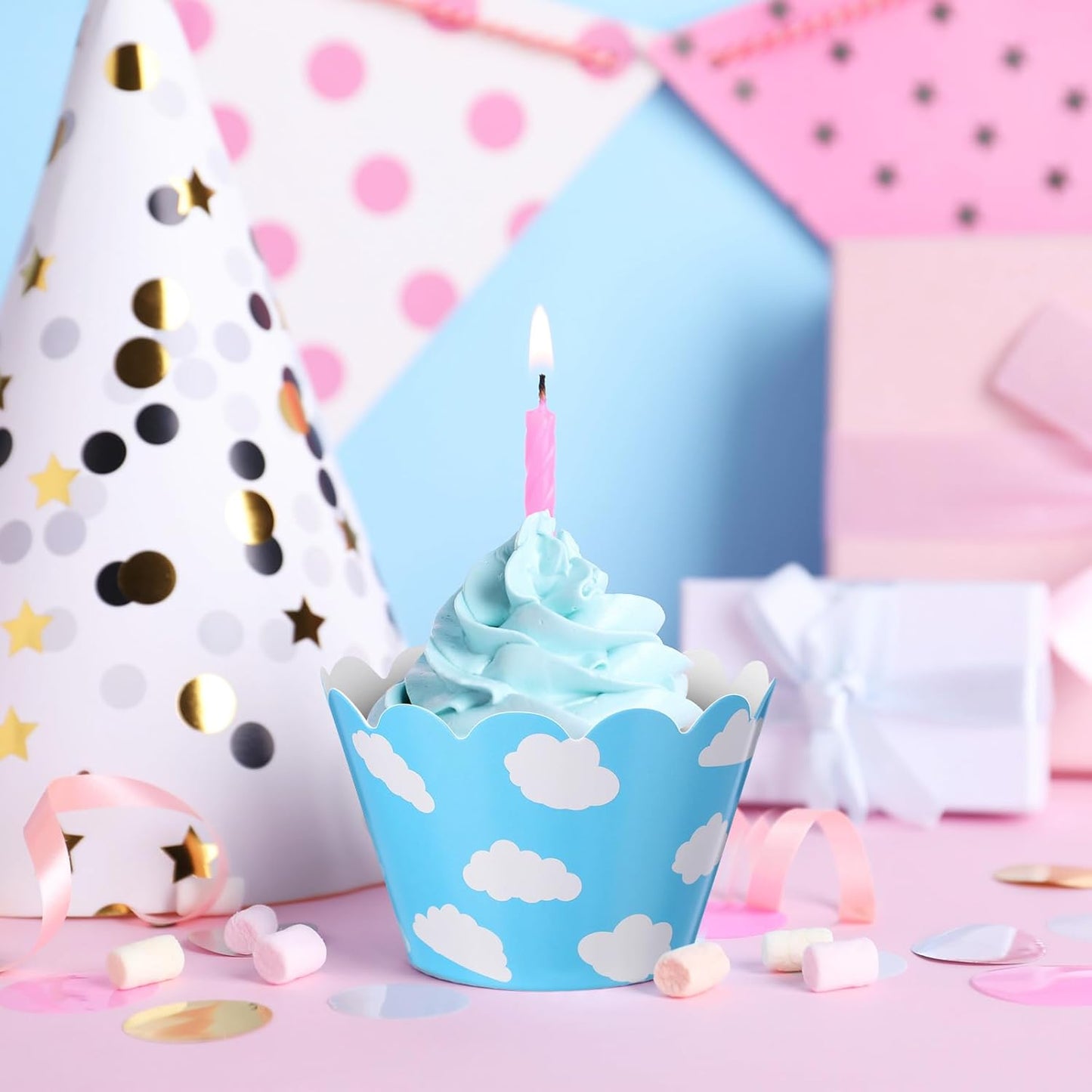 Domensi 100 Pcs Sky Clouds Blue Party Cupcake Wrappers Cloud Cupcake Liners Baking Cups Baking Liners for Spring Summer Wedding Bridal Baby Shower Birthday Party Supplies Dessert Decoration