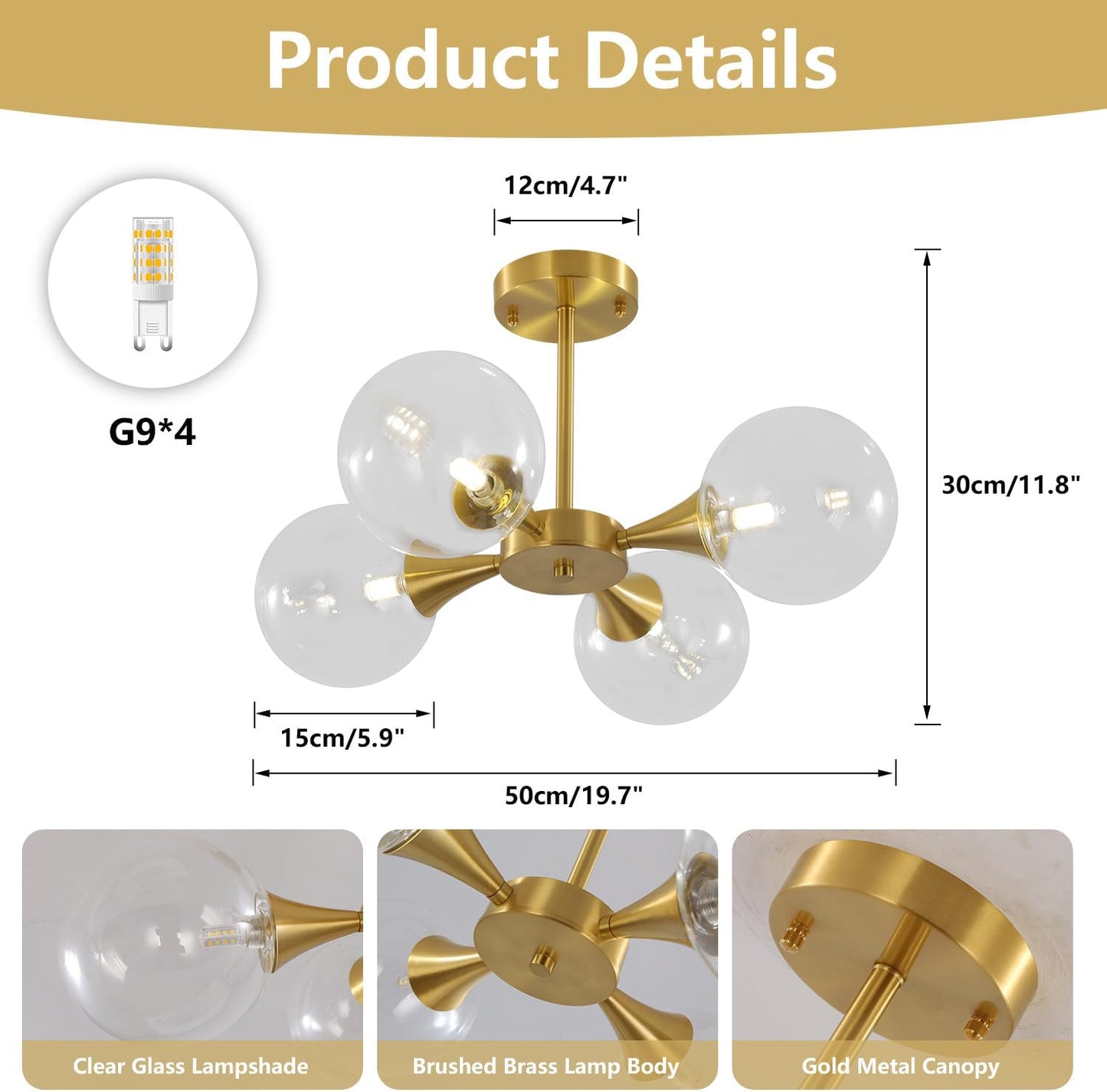 KCO Lighting 4-Lights Modern Globe Semi Flush Mount Ceiling Light Mid Century Brushed Brass Schoolhouse Close to Ceiling Light Gold Clear Glass Bubble Sputnik Chandelier Light Fixture