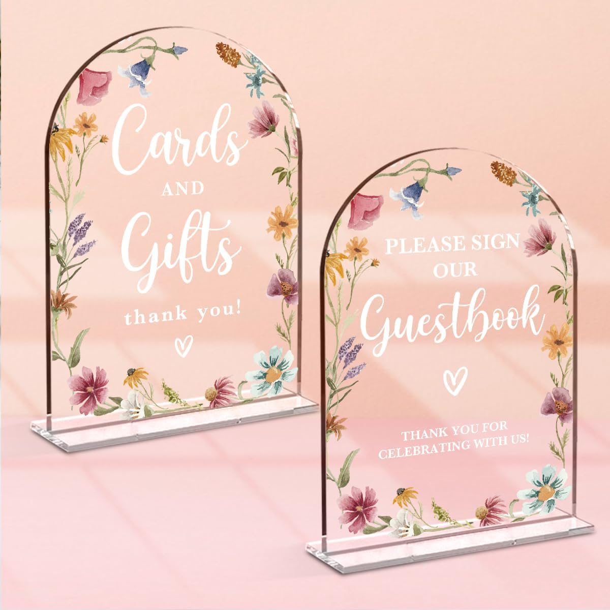 2 Pcs Acrylic Wedding Signs for Reception, Bridal Shower Decorations, Cards and Gifts Signs, Guest Book Sign, Arch Acrylic Table Top Sign with Holder for Wedding Reception (Clear Wildflowers)