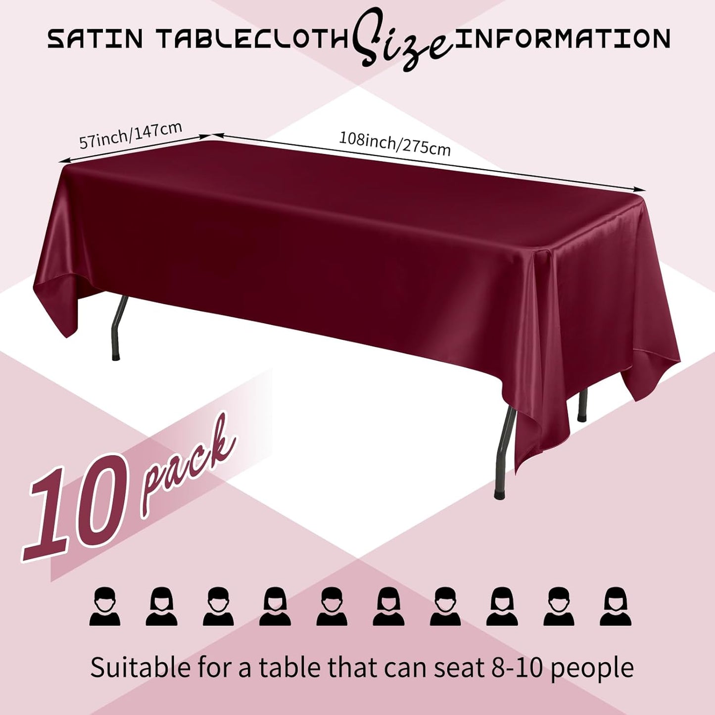 10 Packs Satin Tablecloth 57 x 108 Inch Burgundy Rectangular Table Cloth Silk Tablecloth Smooth Fabric Overlay Satin Table Cover Decoration for Wedding Party Banquet Events