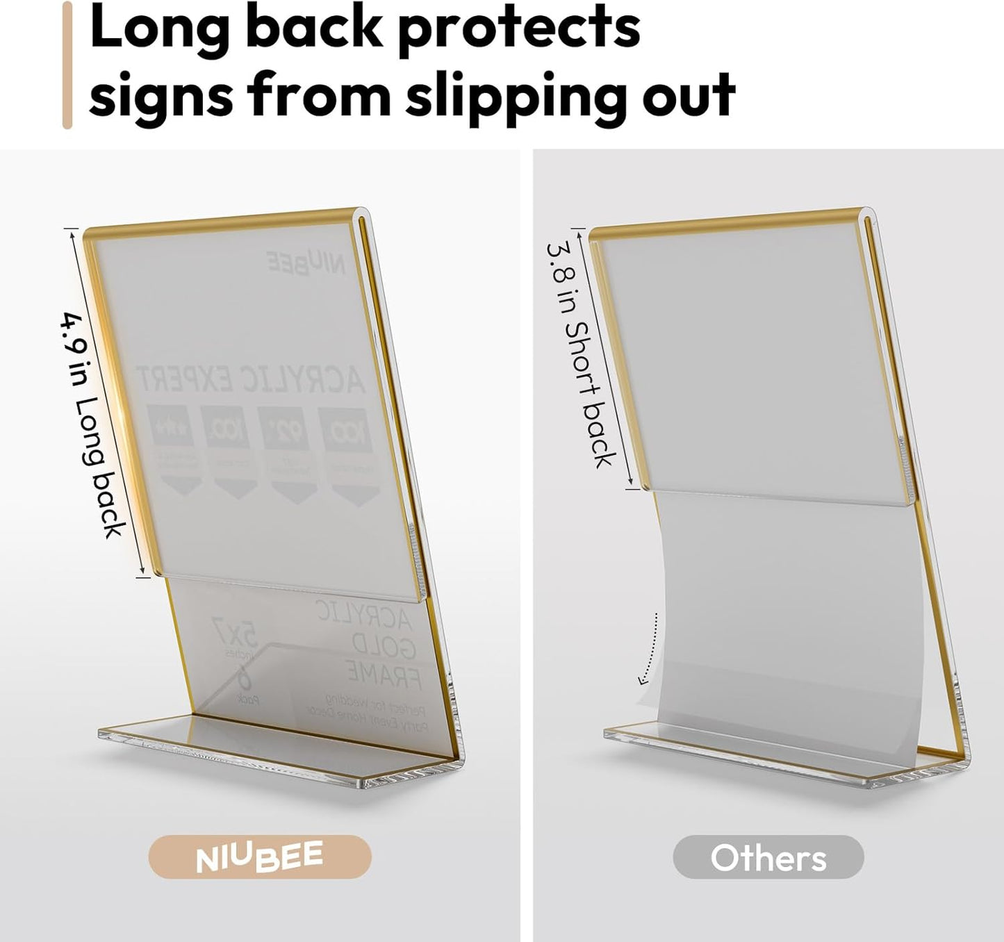 NIUBEE 6 Pack 5 x 7 Acrylic Gold Frame, Slanted Back Table Sign Holder for Wedding Table Numbers, Restaurant Signs, Photos and Art Display Visit the Store
