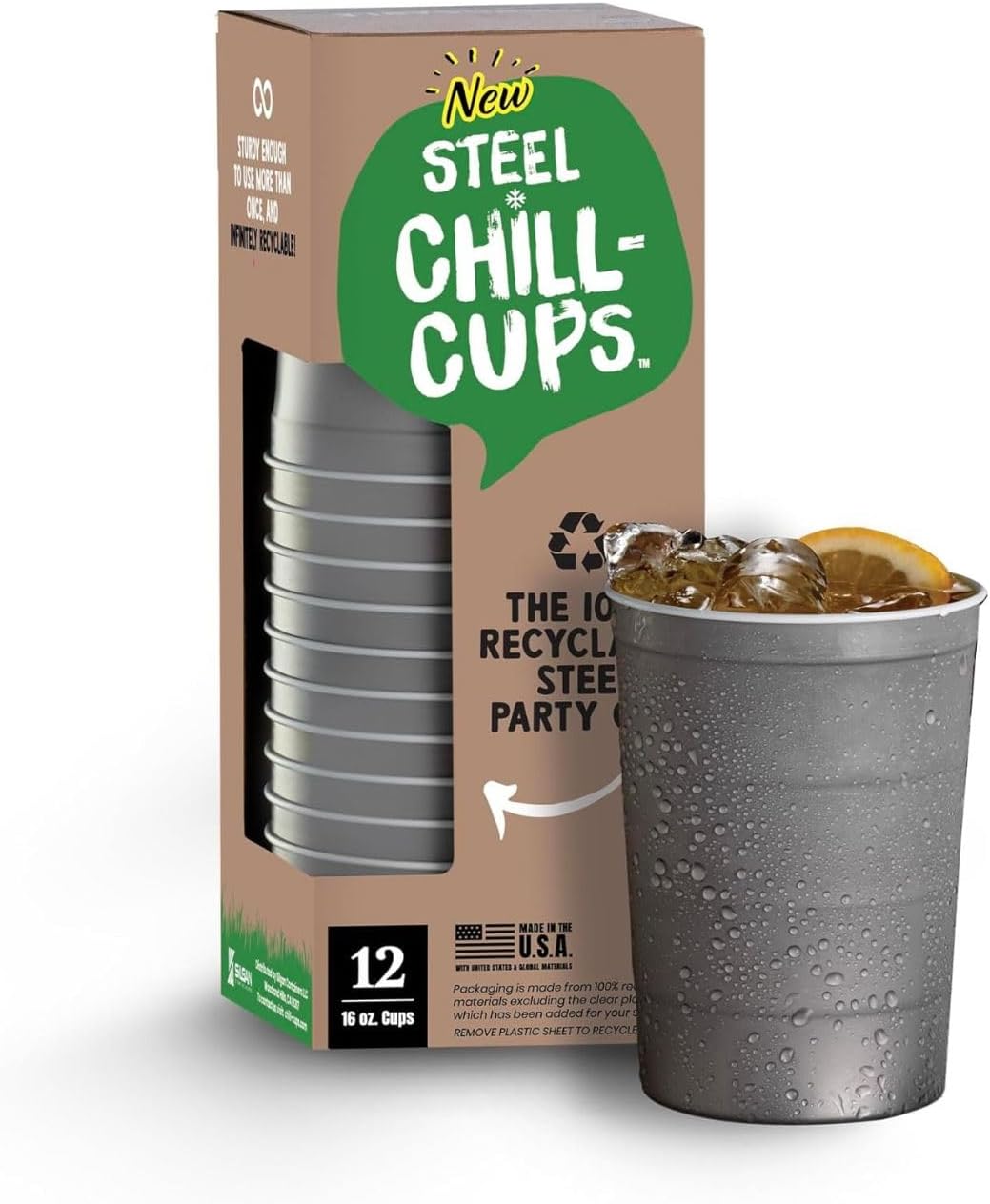 16 oz. Party Cups, Perfect for Cold Drinks, Sturdy & Durable, Disposable and 100% Recyclable, Made in USA, Gray, 12 Count