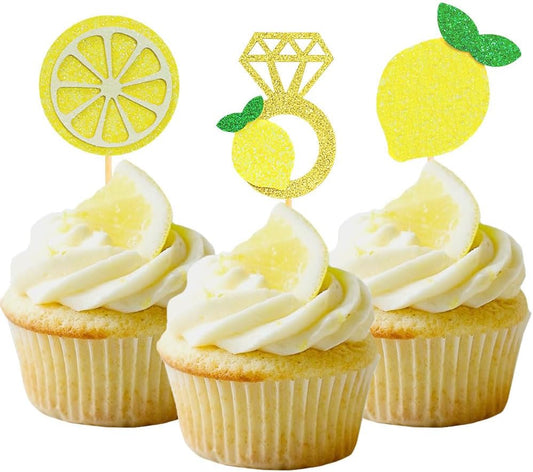 Glitter Lemon Cupcake Toppers Picks for Wedding Engagement Bridal Shower Bachelorette Party Decoration - Set of 24
