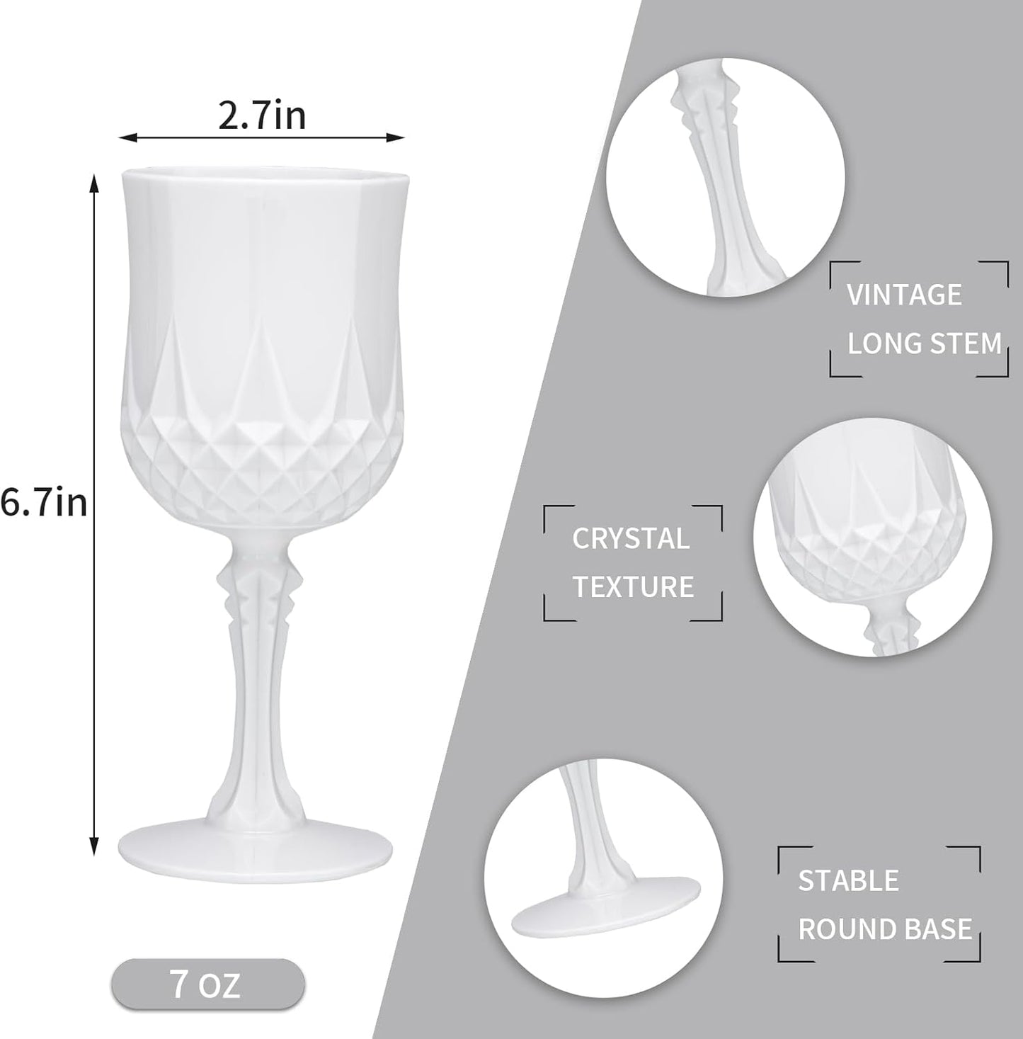 JLYLOL Plastic Vintage Wine Glasses 7OZ Plastic Goblets Vintage Drinking Glasses 24PCS Retro Wedding Glassware Water Goblets Reusable Drinking Cups for Party,Reception,Celebration,Bar,Whiskey(White)