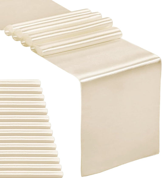 15-Pack Satin Table Runner Champagne 12 x 108 inches Long, Table Runners for Wedding, Birthday Parties, Banquets Decorations（15 Pack, 12x108 Inch, Champagne