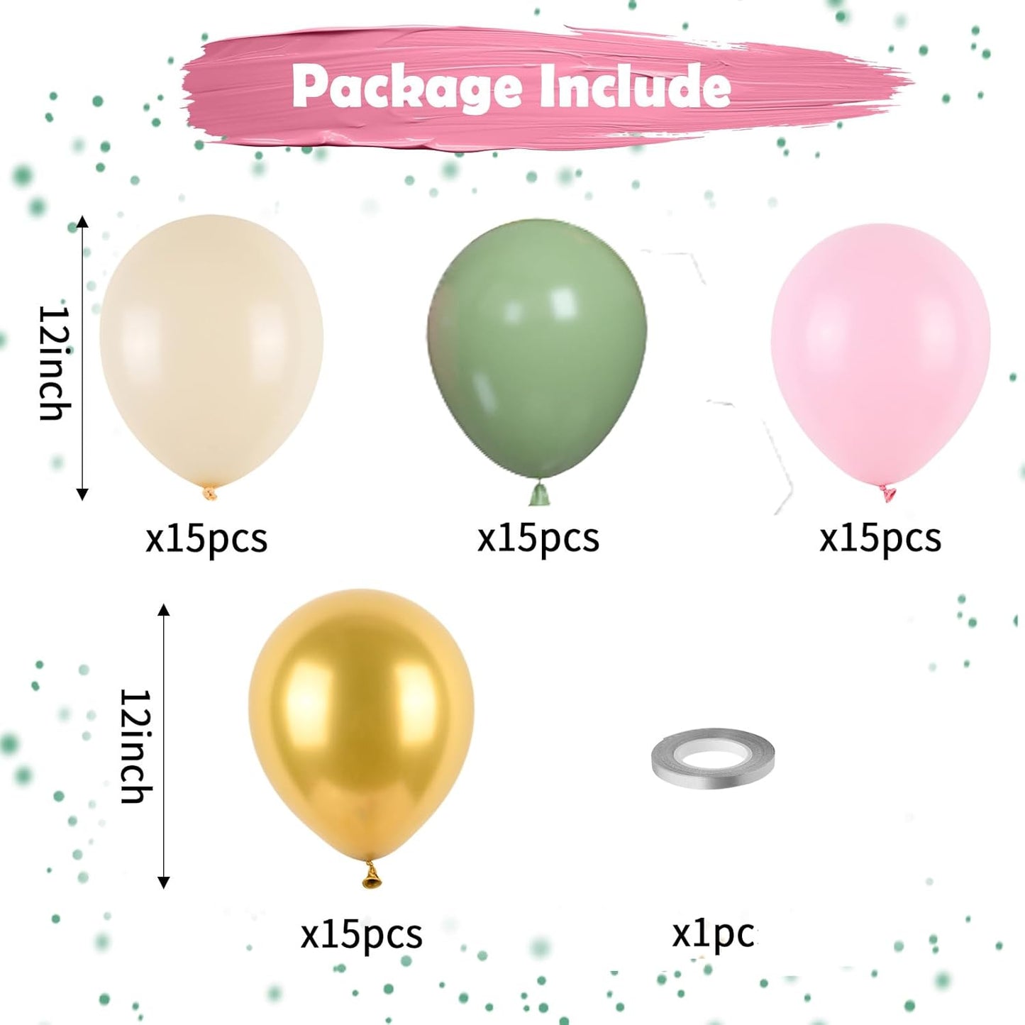 Pink and Green Balloons, Sage Green White Sand Party Balloons Chrome Metallic Gold Balloons Green Pink Latex Balloons for Kids Adults Boho Birthday Jungle Safari Party Wedding Baby Shower Graduation