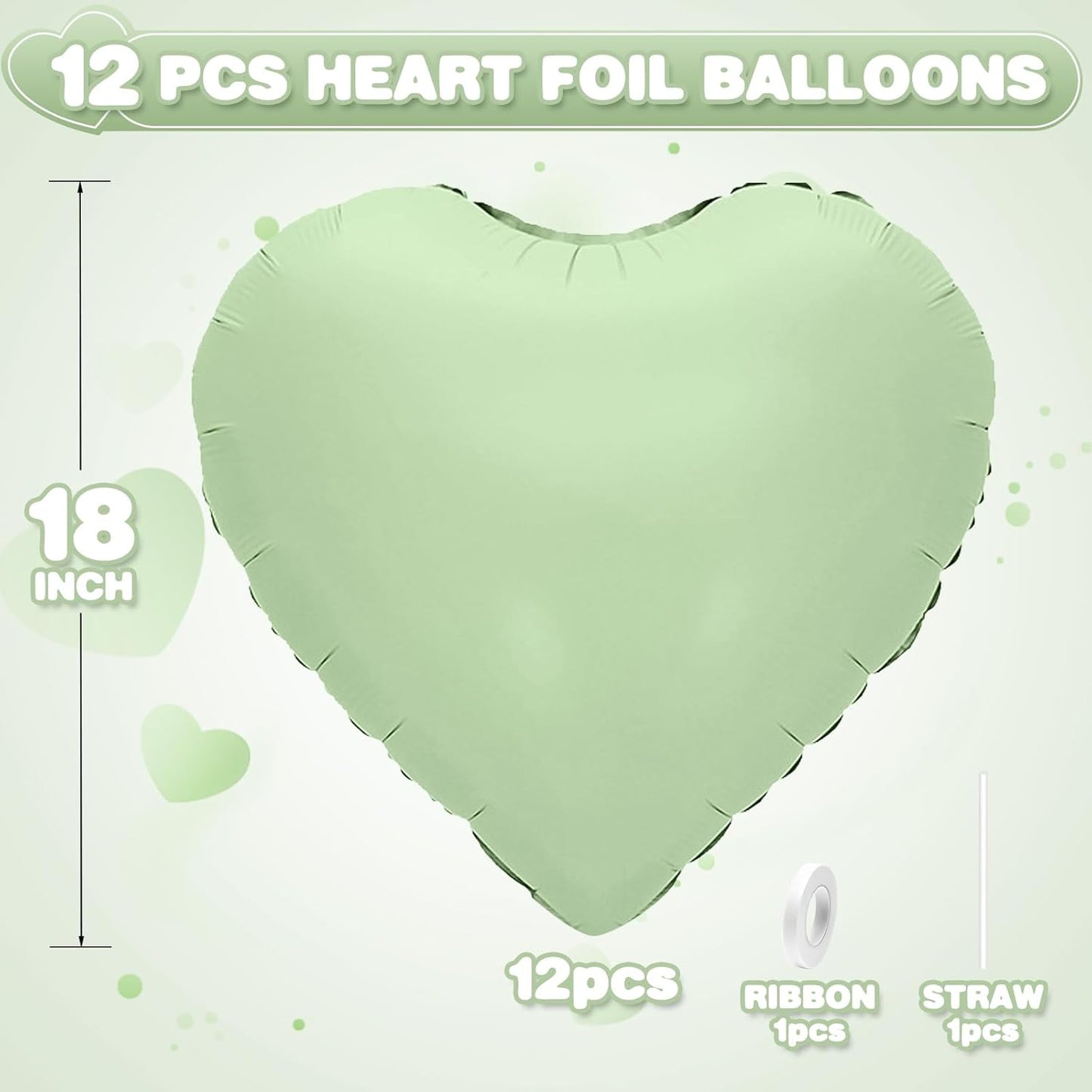 Sage Green Heart Balloons,12Pcs Olive Green Heart Shaped Foil Balloons,18Inch Pastel Green Helium Polyester Film Balloon for Baby Shower Birthday Anniversary Wedding Party Decorations
