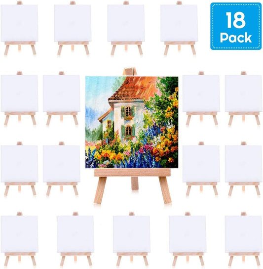 Mini Canvases 18 Pack, Cridoz Small Painting Canvas with Mini Easel 4x4 Inches Art Canvases Painting Kit for Kids Teenagers Acrylic Pouring Oil Water Color