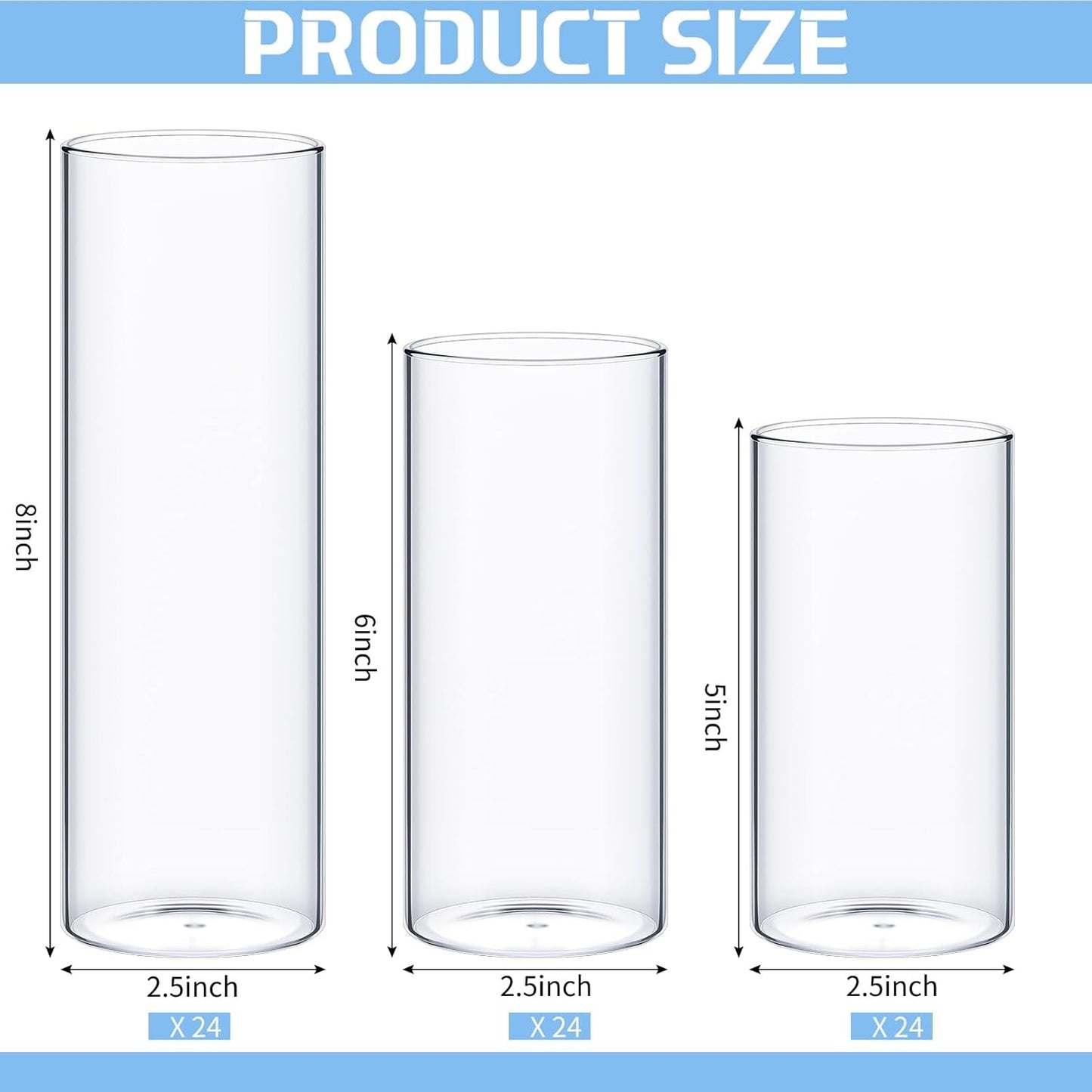 Thin Glass Cylinder Vases 2.5''/3.3'' Diameter 2mm Wall Thickness Clear Flowers Vase Hurricane Floating Candles Holders for Table Centerpieces Wedding Decor(2.5'' X 5'',6'',8'',72 Pcs)