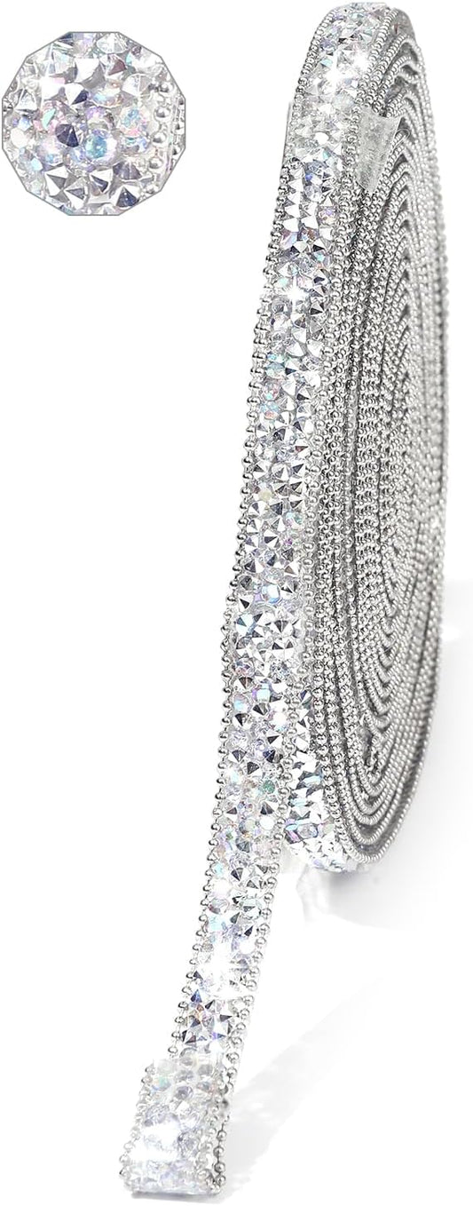 Rhinestone Ribbon 6 Yards Self Adhesive Rhinestone Strips Diamond Ribbon Sticker Crystal Roll Glitter Bling Rhinestones Tape for Crafting DIY Art Decoration (Silver AB,0.4 Inch)