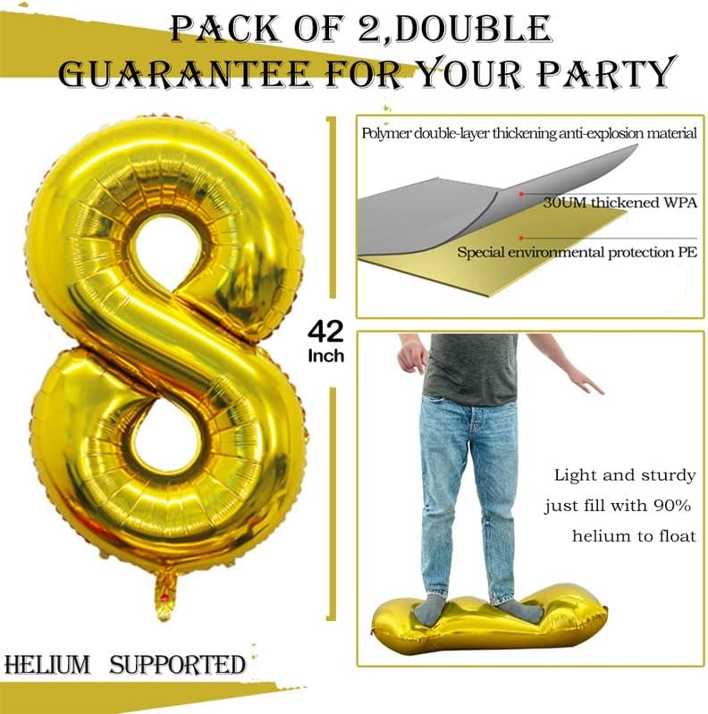 GOER Gold Foil Balloons Number 8,Huge Number Balloons for 8th 18th 28th 38th 48th Birthday Party Supplies Anniversary Decorations (3 pcs,42 inch,32 inch,16inch)