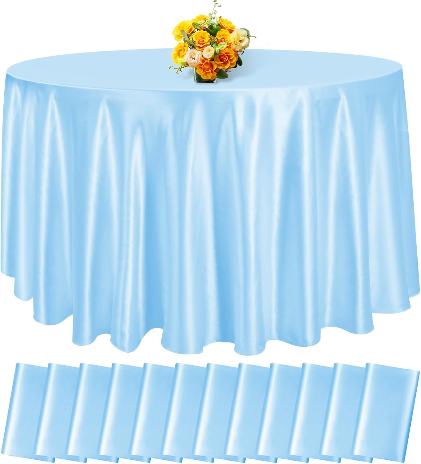 12 Pack 108 Inch Light Blue Satin Tablecloth - Silky Round Tablecloth Overlay Smooth Fabric Table Cover, Bright Table Decoration for Wedding Party Banquet Events Restaurant Kitchen Dining