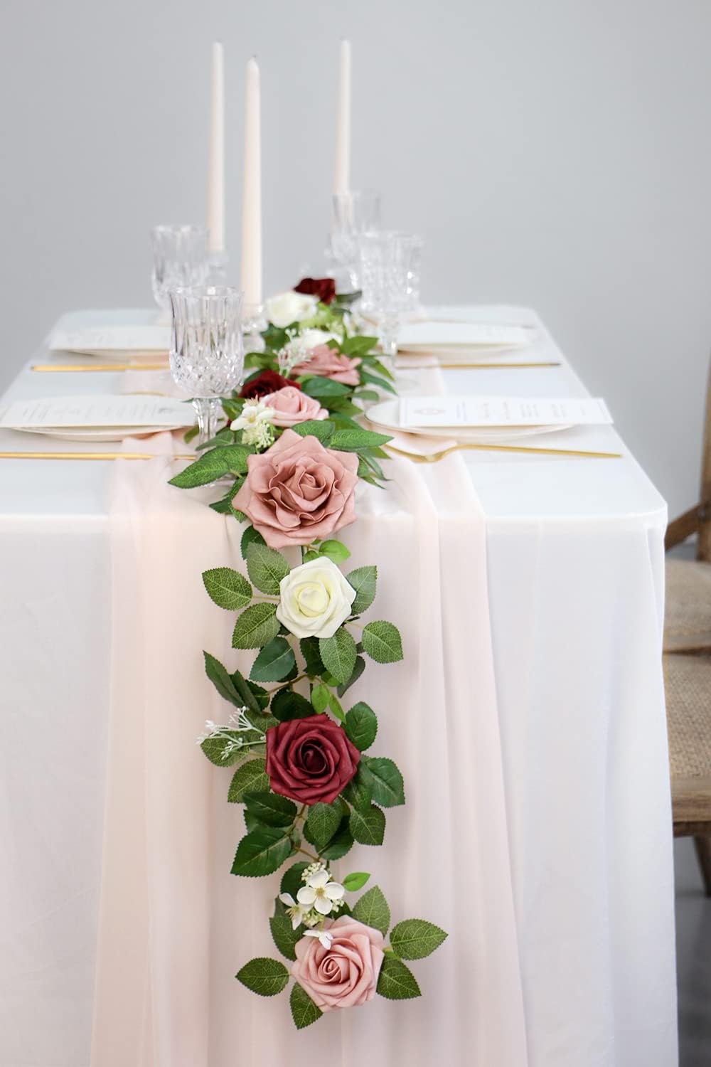 PONATIA 5FT Burgundy Artificial Flowers Garland, Dusty Rose Flowers Garland for Wedding Ceremony Garlands Backdrop Arch Flowers, Table Christmas Decorations (Burgundy & Ivory)