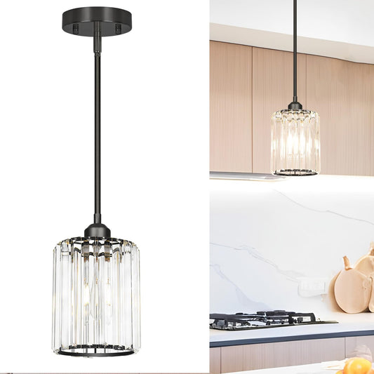 Black Kitchen Pendant Lights Over Island with Adjustable Rods - Crystal Pendant Lighting Fixtures for Sloped Ceiling, Ideal Over Dining Table or Bar, E26 Bulb Compatible, No Electrician Needed