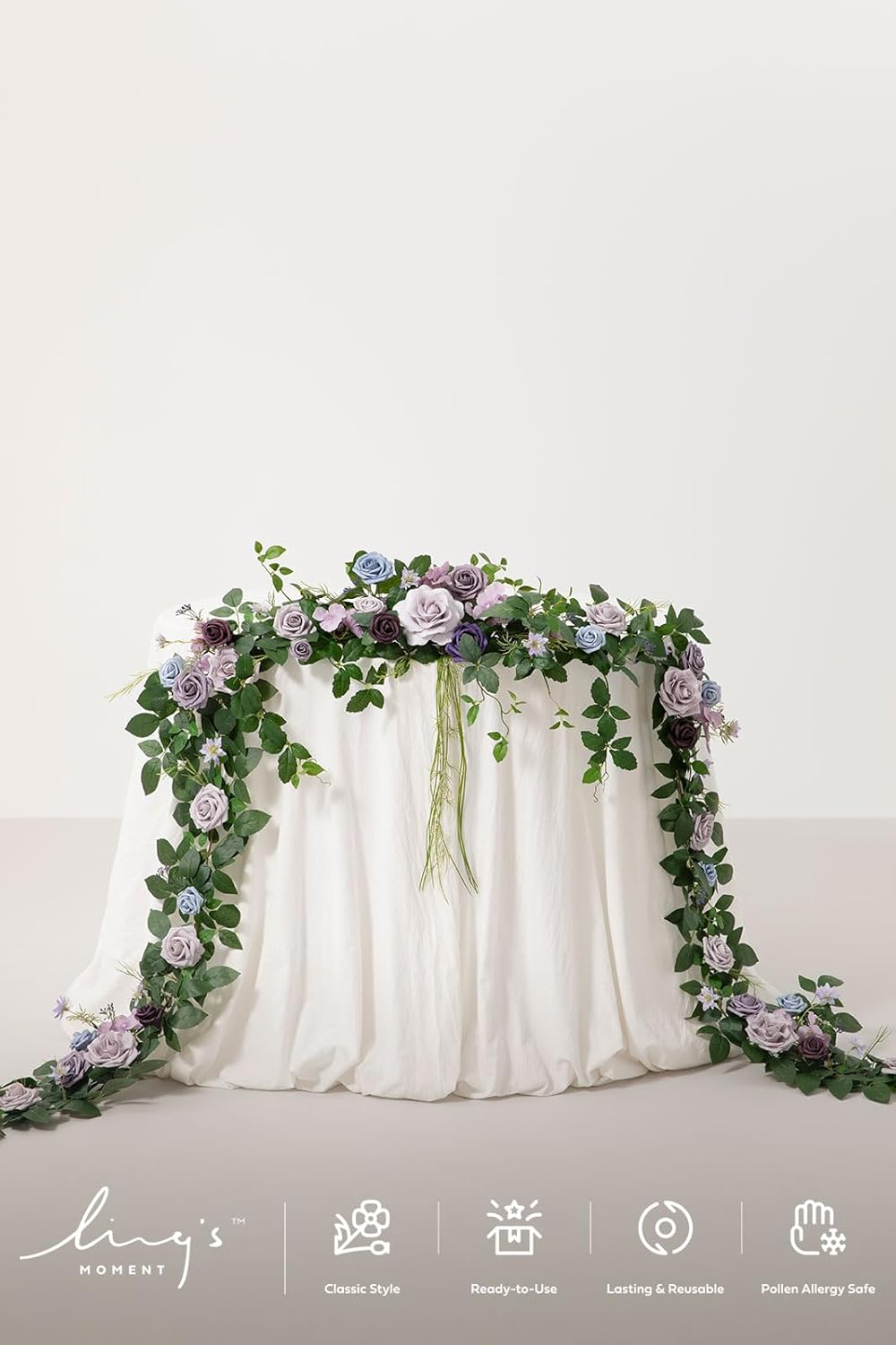 Ling's Moment 9FT Flower Garland for Backdrop Decorations - Wedding Arch Flowers, Eucalyptus & Rose, Artificial Floral Garland for Mantle - Sweetheart Table Decor for Beach Reception, Purple