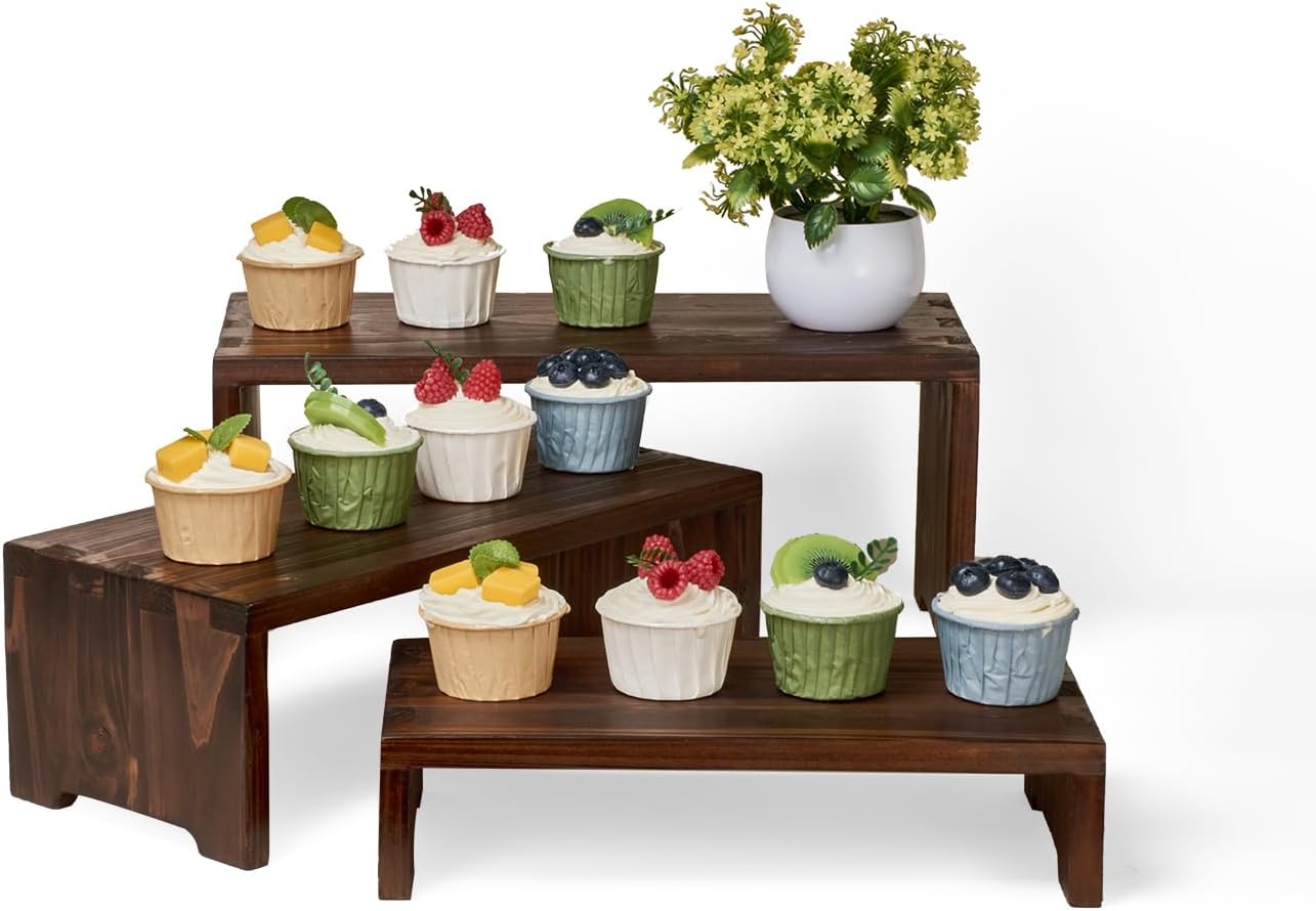 Set of 3 Wooden Rustic Cupcake Stand for 24 Cupcakes, Stepped Wood Display Stand for Weddings, Tiered Party Buffet Table Display Nesting Riser for Food , Dessert, Cookie, Craft Show, Brown