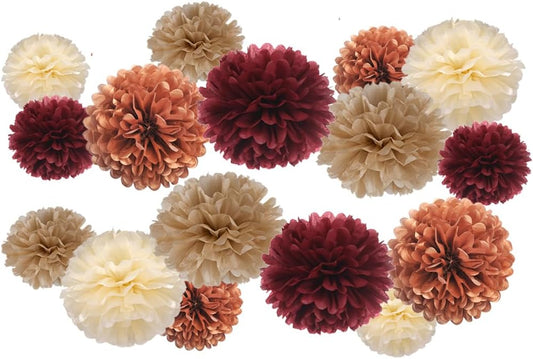 Rose Gold Maroon Burgundy Champagne and Ivory Tissue Paper Pom Poms Flower for Birthday Rustic Vintage Wedding Fall Autumn Party Decoration, 16pc
