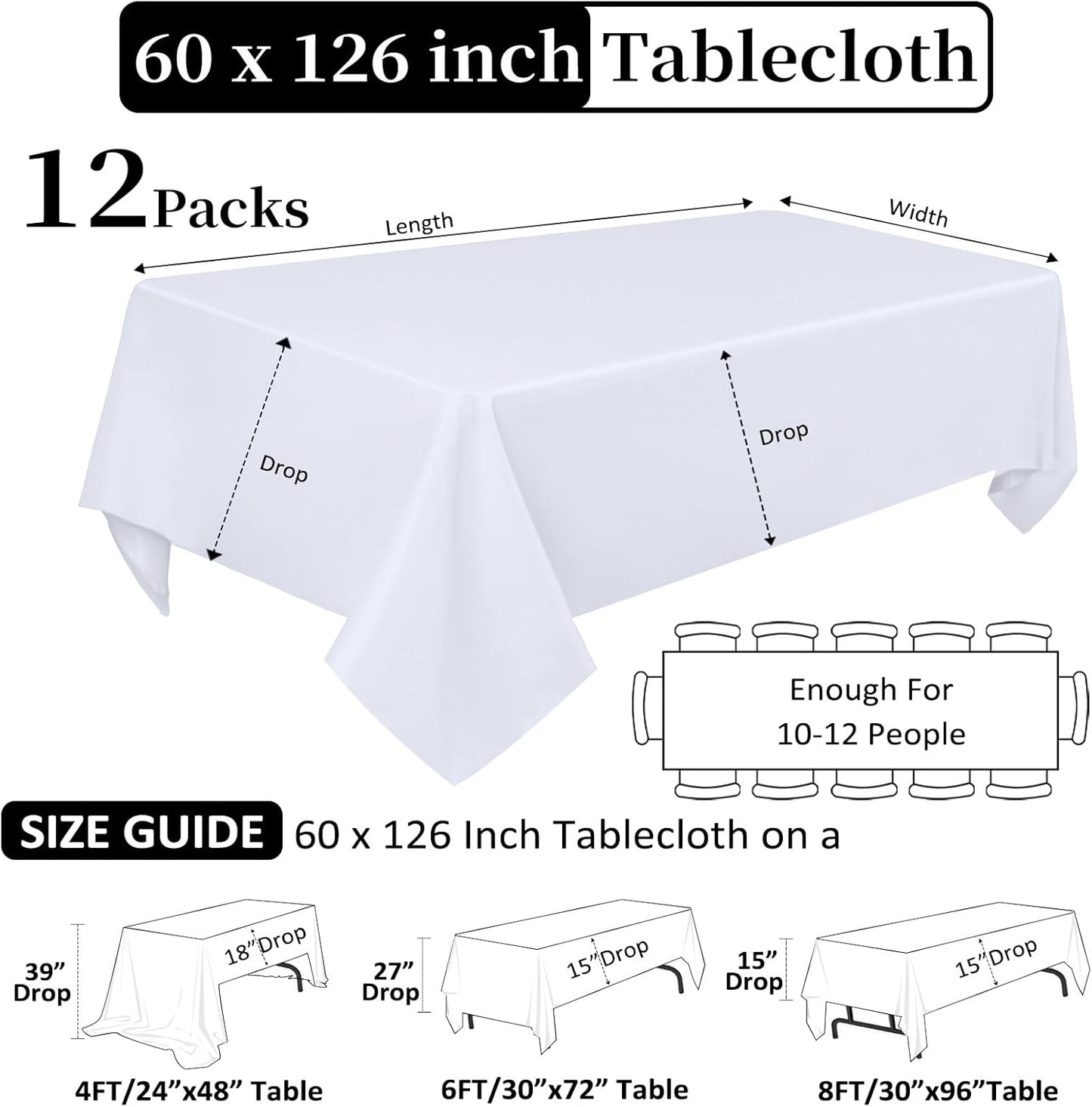 12 Pack White Table Cloth 60 x 126 Inch Rectangular Tablecloths for 8 Foot Rectangle Tables, Wrinkle Resistant White Tablecloth Washable Polyester Fabric Table Covers for Buffet Wedding Party Banquet