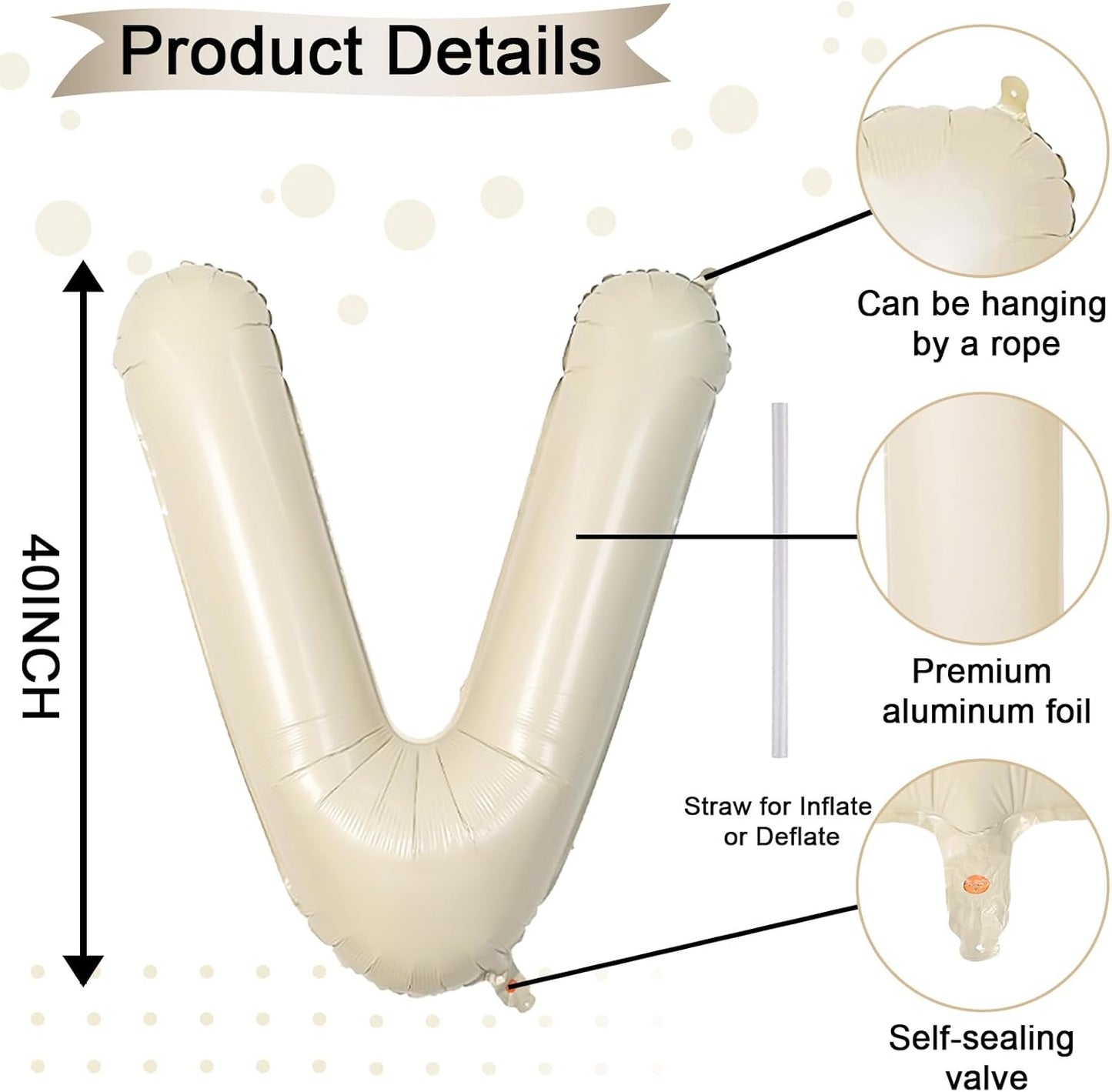 40 Inch Letter Balloons V, Big Custom A-Z Alphabet Foil Name Balloon Cream White, Self Inflating Beige Customize Helium Balloon Letters V for Women Girls Birthday Bride Baby Shower Party Decorations