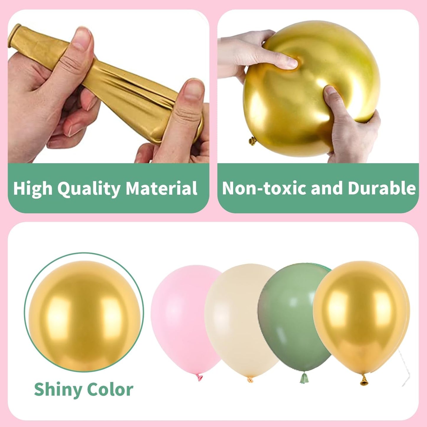 Pink and Green Balloons, Sage Green White Sand Party Balloons Chrome Metallic Gold Balloons Green Pink Latex Balloons for Kids Adults Boho Birthday Jungle Safari Party Wedding Baby Shower Graduation