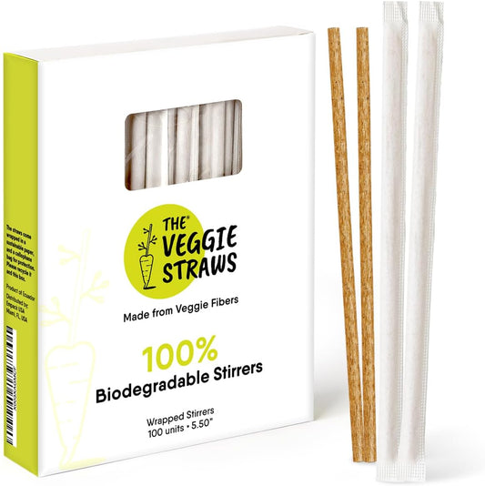 100% Biodegradable Individually Wrapped Cocktail Stirrers – 100 PCS of 5.50 Inches Premium Quality Disposable Coffee Stirrers, Best Biodegradable Stirrers for All Drinks – By The Veggie Straws