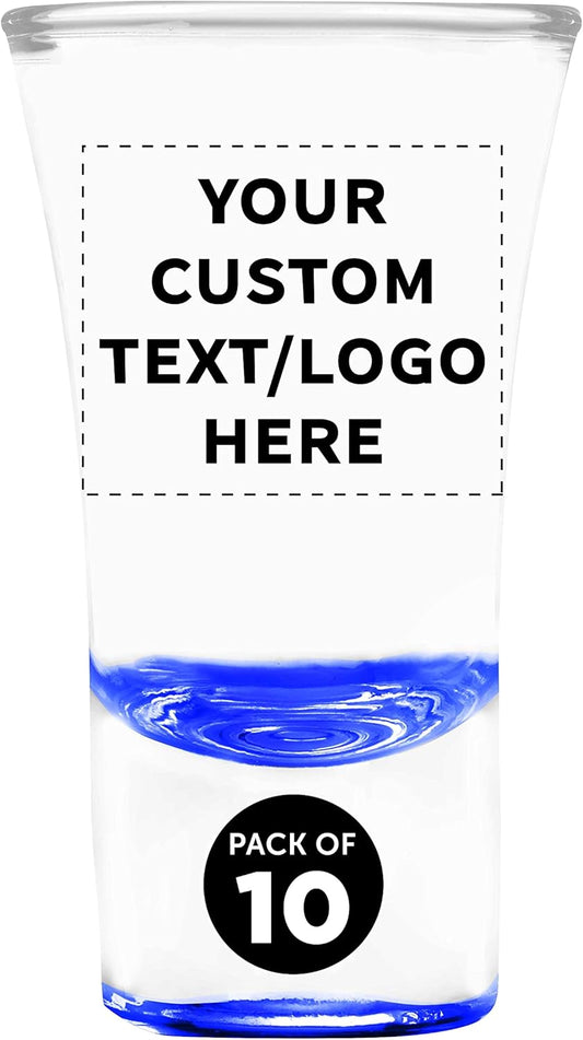Custom 2 oz. Lord Shooter Etched Shot Glasses, 10 pack, Personalized Text, Logo, 21st Birthday Party, Lounge Glassware, Blue