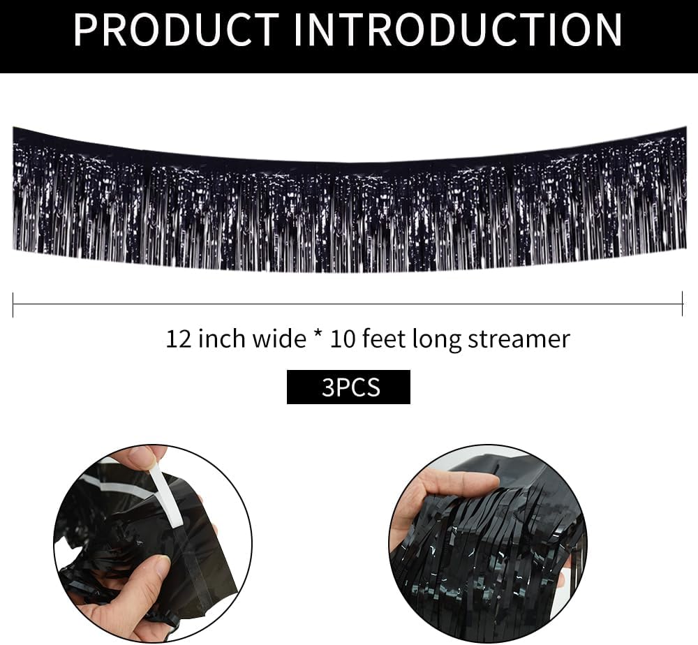 BEISHIDA 3 Packs Metallic Foil Fringe Garland Black Wall Hanging Tinsel Fringe Banners for Car Floats Halloween Bridal Shower Wedding Birthday Easter Graduation Holiday Party Decoration(30 Feet)