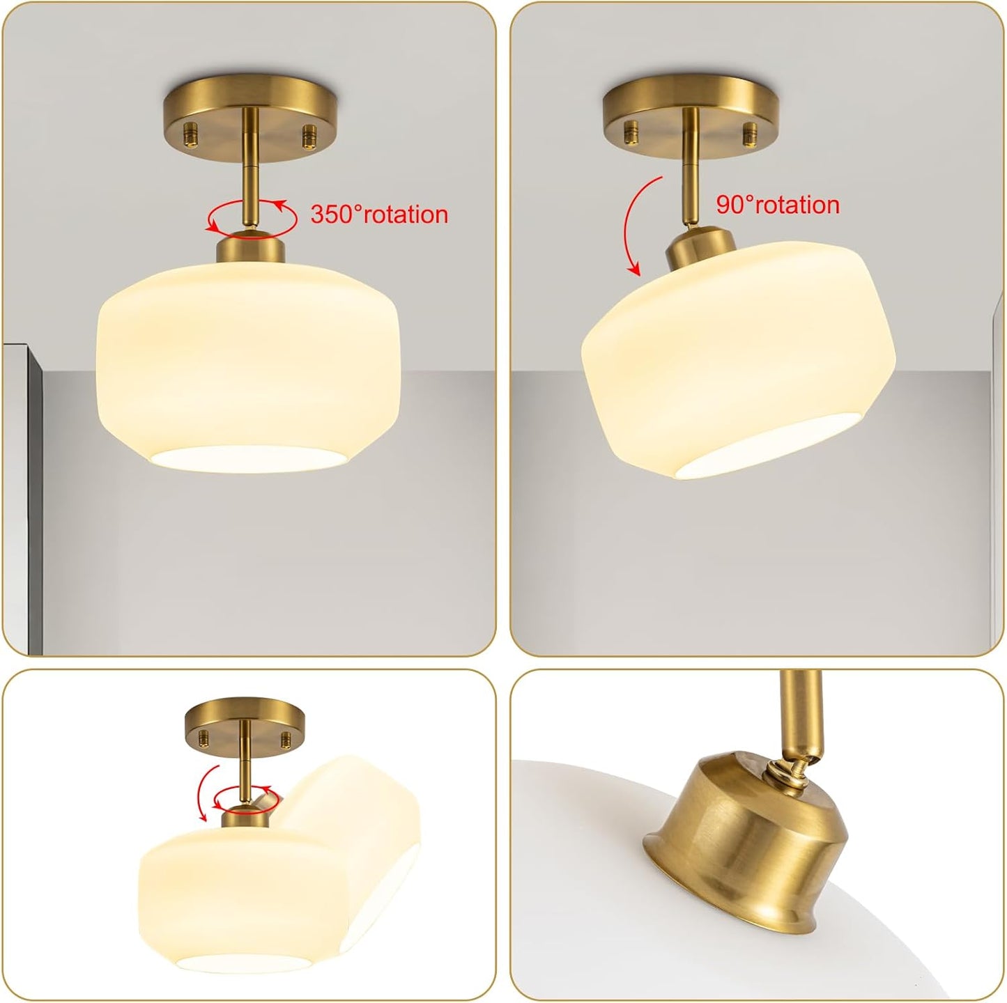 Tbaoinal semi Flush Mount Ceiling Light Fixture Adjustable Hanging Brass Gold Light Fixture 8.66" Modern Frosted Opal Milk Glass Shade Sloped Ceiling Adaptable for Hallway Light fixtures Entryway