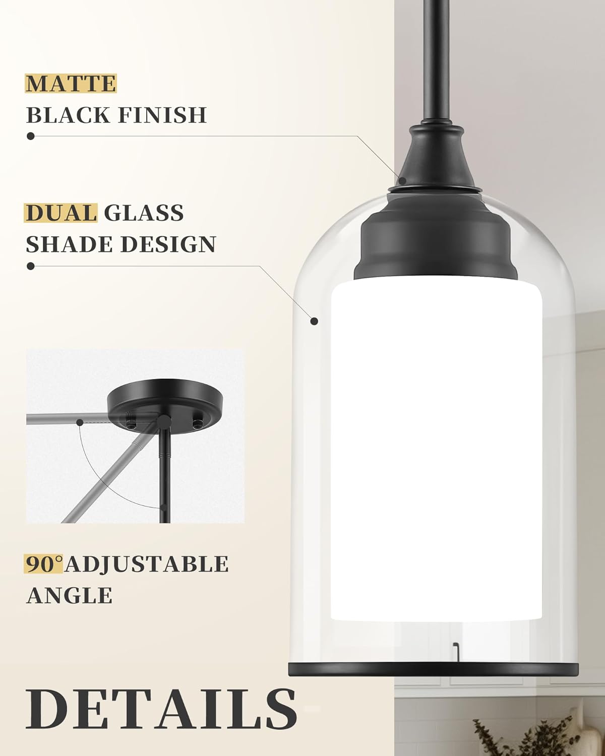 LIROUVET 2 Pack Pendant Lights Kitchen Island, Dual Glass Pendant Lights, Black Hanging Lamp with Clear and Milk Glass, Industrial Pendant Light Fixtures for Dining Room PL02BK-2PK