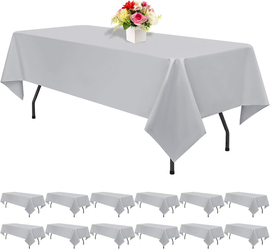 12 Pack Light Grey Tablecloths for Rectangle Tables 60 x 126 Inch Polyester Tablecloth 8 Foot Rectangle Table Cloth Wrinkle Resistant Washable Fabric Table Cover for Party Wedding Banquet Events