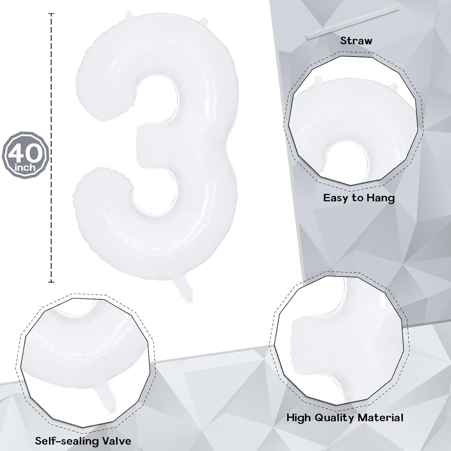 White 30 Number Balloons, 40 Inch Helium Foil Number 3 & 0 Balloons for 30 Year Old Birthday Decorations, Large Self Inflating Mylar Balloon for Men 30th Birthday Party Anniversary Decor Supplies