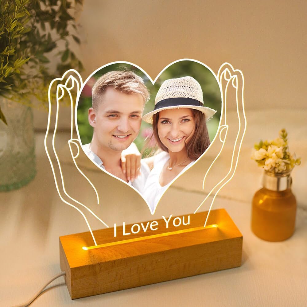 Custom Picture Frames with Photo, Personalized Photo Frames with Night Light, Customized Picture Photo Frame, Personalized Anniversary Couple Gifts for Women Men Her Him