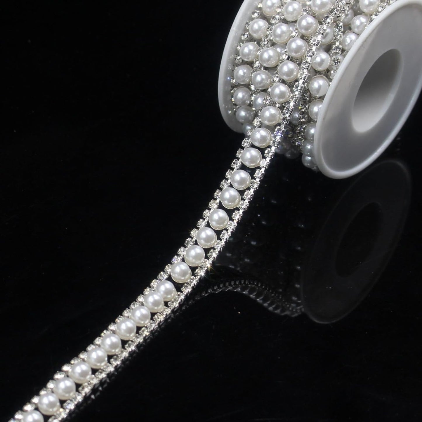 PEARLY JUN 1 Yard Pearl Rhinestone Trim Chain Silver Crystal Fringe Diamond Applique Ribbon String Tassel Strip (Silver-150, 2 Yards)