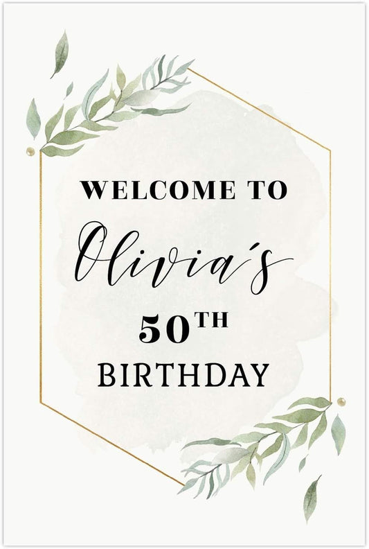 Andaz Press Personalized Extra Large Birthday Easel Board Party Sign, 12x18-inch, Modern Black, Gold with Green Leaves Florals, Welcome to Olivia's 50th Birthday, 1-Pack, Custom Name Age