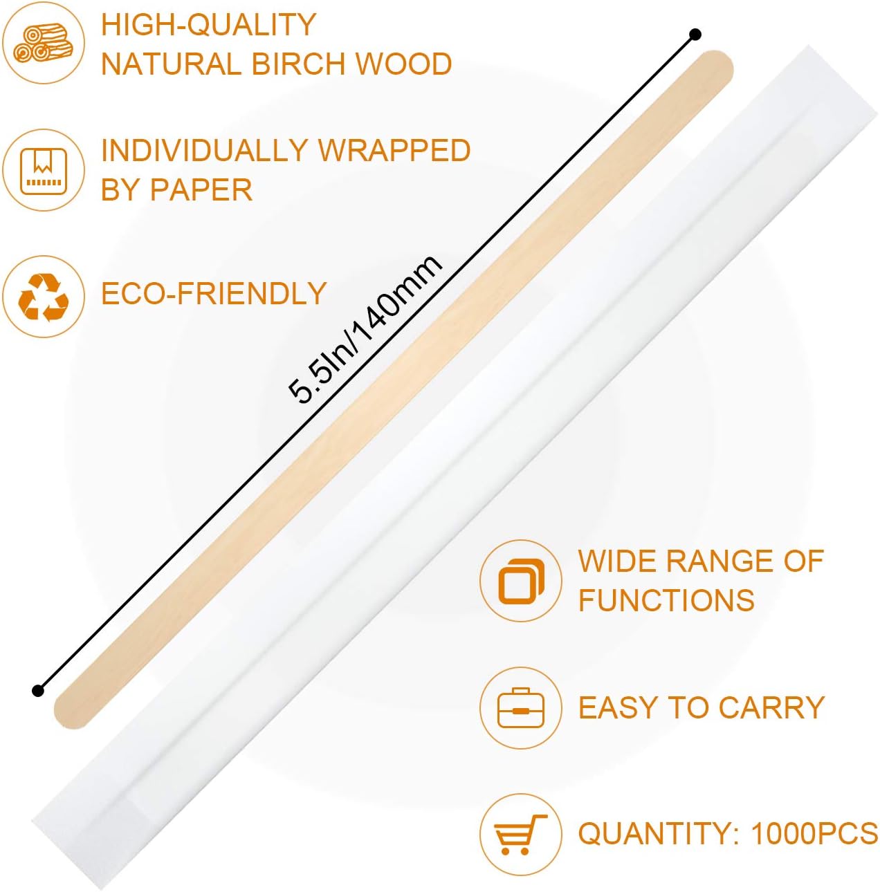 1000Pcs Disposable Wood Coffee Stir Sticks Stirrers Individually Paper Wrapped Coffee Tea Beverage Stirrers Stirrings 5.5 Inch,140mm
